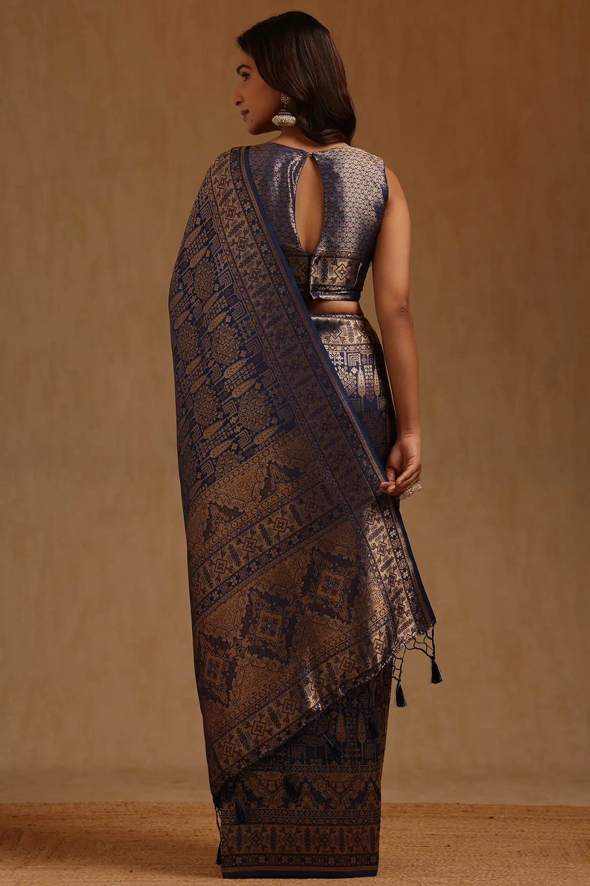 Navy Blue Tussar Woven Designs Saree With Zari